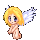 Pixelated angel character with blonde hair and white wings in six sequential poses showing wing movement against gray background.