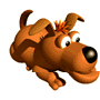 Brown cartoon dog with black nose and white eyes, small orange tuft on head, in various running poses against white background.