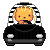 Pixel art animation of a blonde doll driving a black car with alternating headgear and hand positions across two frames.
