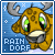 A pixelated cartoon moose with green eyes and brown fur appears in a of identical frames, each displaying the text "RAIN DORF" below the character against a blue background with white dots