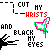 Pixelated static image featuring text fragments, a black hand-like shape, and a colorful heart outline on white background.