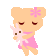 Pixelated cartoon bear in pink dress holding white plush toy, closed eyes with flower on head and brown Z symbols appearing sequentially.