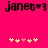 Pixelated text 'janet' with heart symbol and five pixelated hearts on bright pink background.