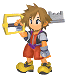 Pixel art character with brown hair holding a yellow key-shaped object, wearing red shorts and gray shoulder armor.