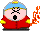Pixelated cartoon character in red coat and blue cap with yellow accents, holding orange flame-like object against gray background.