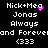 Pixelated text displays 'Nick+Meg Jonas Always and Forever (333)' with pink pixel clusters shifting across the top-right corner.