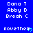 Blue background displays repeated text names and 'ilovethem' with cyan heart icons, showing animation changes in heart position and text visibility.