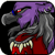 Pixelated cartoon character with purple hair, gray body, red eyes, and sharp teeth wearing a red garment against black background.