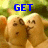 Animated sequence showing two cartoon characters kissing with blue text changing from 'GET' to 'AWAY FROM ME!' across four