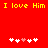 Red background with yellow text "I love Him" repeated twice, and two of white plus signs with one pink heart sign each