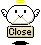 Pixelated white character with black eyes and yellow halo holds a beige 'Close' sign, wings and hands change position across frames.
