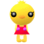 Pixelated yellow chick avatar with large black eyes, orange beak, red dress with purple accents, and yellow limbs against gray background.
