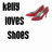 Static image of 'kelly loves shoes' text with red crossed-out icons and yellow diamond shapes.