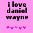 Pixelated text reads 'i love daniel wayne' on pink background with five pink hearts below, two versions differ in heart color saturation.