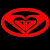 Red circular emblem with black heart and wing-like shapes on black background, next to large green 'roxy' text on white background.