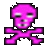 Six pink skull-and-crossbones icons arranged in two on a gray background, each with distinct pixelated outlines and eye details
