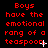 Red pixelated text on black background reads 'Boys have the emotional rang of a teaspoon.' with small white cursor-like symbols changing position across frames.