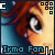 Pixelated close-up of a character's face with brown hair and blue eyes, featuring repeated text 'Irma Fan' and a of squares in the corners