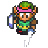 Pixelated character with brown hair, green hat, pink headband, green shirt, blue pants, holding a shield with blue and white sections, standing on a white background with a small gray trail below.