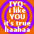 Four identical circular icons with orange backgrounds and purple concentric rings display white text reading 'IYQ- i like YOU it's true haahaa' in a pixelated font.