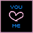 Two side-by-side pixelated icons display 'YOU' above a heart and 'ME' below it, with the left icon's heart in light pink and the right icon's heart in bright pink.