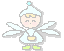 Pixelated angel figure with closed eyes, light blue wings, and a small green cross on its hat across three variations showing wing color changes.
