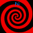 Four identical red and black spiral patterns arranged in a with blue 'hi' text above each spiral on a solid red background