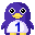 Two side-by-side pixel art frames of a purple penguin mascot with yellow beak and feet, wearing white shirt with blue number 1, showing facial expression change from neutral to smiling.