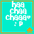 Cyan background with orange border displays pixelated text 'haa chaa chaaaa : p' and an orange spaceship icon in bottom-right corner.