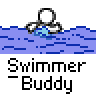 A 3x3 contact sheet of a pixel-art animated icon showing a stick figure swimming in blue water with repeated "Swimmer Buddy" text below each frame.