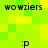 Pixelated green and yellow with repeating text 'wowziers' above and below a central ':p' face, arranged in four quadrants