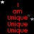 Red text "I am Unique" repeated vertically in three on black background with scattered white and gray stars, one gray square in bottom-right corner