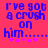 Pixelated blue text on bright pink background reads "I've got a crush on him..." with five small purple stars below, two versions differ in star arrangement.