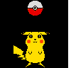 Yellow cartoon mouse with red cheeks and black-tipped tail stands under red-and-white spherical object, transitioning from floating above to resting on head.