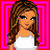 Pixelated image of a woman with long brown hair wearing a white top, set against layered pink and red square borders, with a pink heart shape containing blue text on the right.