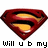 Two red and yellow Superman S-shield icons side-by-side with pixelated text below reading 'Will u b mySUPERMAN??'
