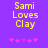 Yellow pixelated text "Sami Loves Clay" on purple background with pink star-like symbols below, two identical frames showing animation change in symbol positions.