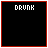 A black square with red border displays evolving pixelated text reading 'DRUNK ON SHADOWS AND LIE' in white, gray, and red characters.