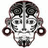 Pixelated grayscale icon of a stylized face with symmetrical features, large circular earrings, and coiled hair or headpiece elements.