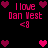 Pixelated pink text and heart symbols on a black background, with repeated 'I love Dan West' phrases and '<8' emoticons arranged in two