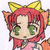 Pixelated anime-style character with red hair, green eyes, orange fox ears, and a yellow bow on top of the head, wearing a pink garment.