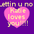 Purple background with four pink hearts containing yellow text reading "Katie loves you!!!" and repeated pixelated text above each heart.