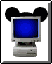 13 computer monitor icons with Mickey Mouse ears, each displaying distinct screen animations including solid colors, starbursts, and a small character face