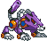 Pixel art of a purple robotic creature with orange and blue circular elements, positioned in two side-by-side poses against a gray background.
