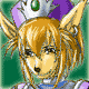 Pixelated character with blonde hair and fox ears wears a crown with green gem, purple accents, and silver details against green background.