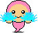 Pixelated character with pink hair and body holds blue pom-poms in various positions