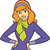 Pixelated cartoon character with orange hair, purple dress, green scarf, and purple shoes standing with hands on hips.