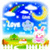 Pixelated scene with blue sky, white clouds, rainbow, yellow sun, green grass, and pink rabbit-like figure with ears.