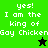 Green and black pixelated text displays 'yes! I am the king of Gay Chicken' with a star symbol, alternating between solid green and black backgrounds.