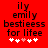 Red background with black pixelated text reading 'ily emily bestieess for lifee' and five white/pink hearts below, showing animation change in heart colors.
